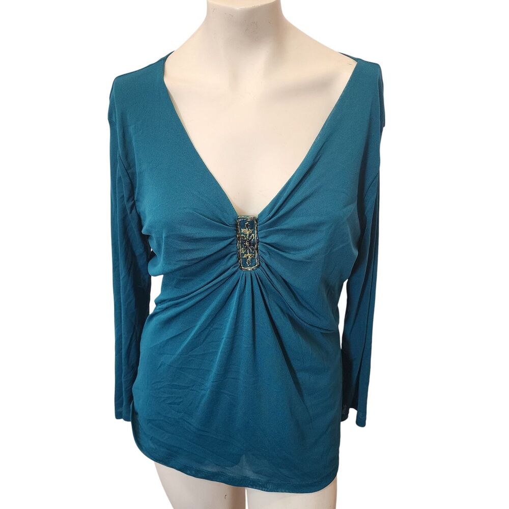 White Stag Teal Ruched V-Neck Top XL Boho Stretch Long Sleeve Blouse